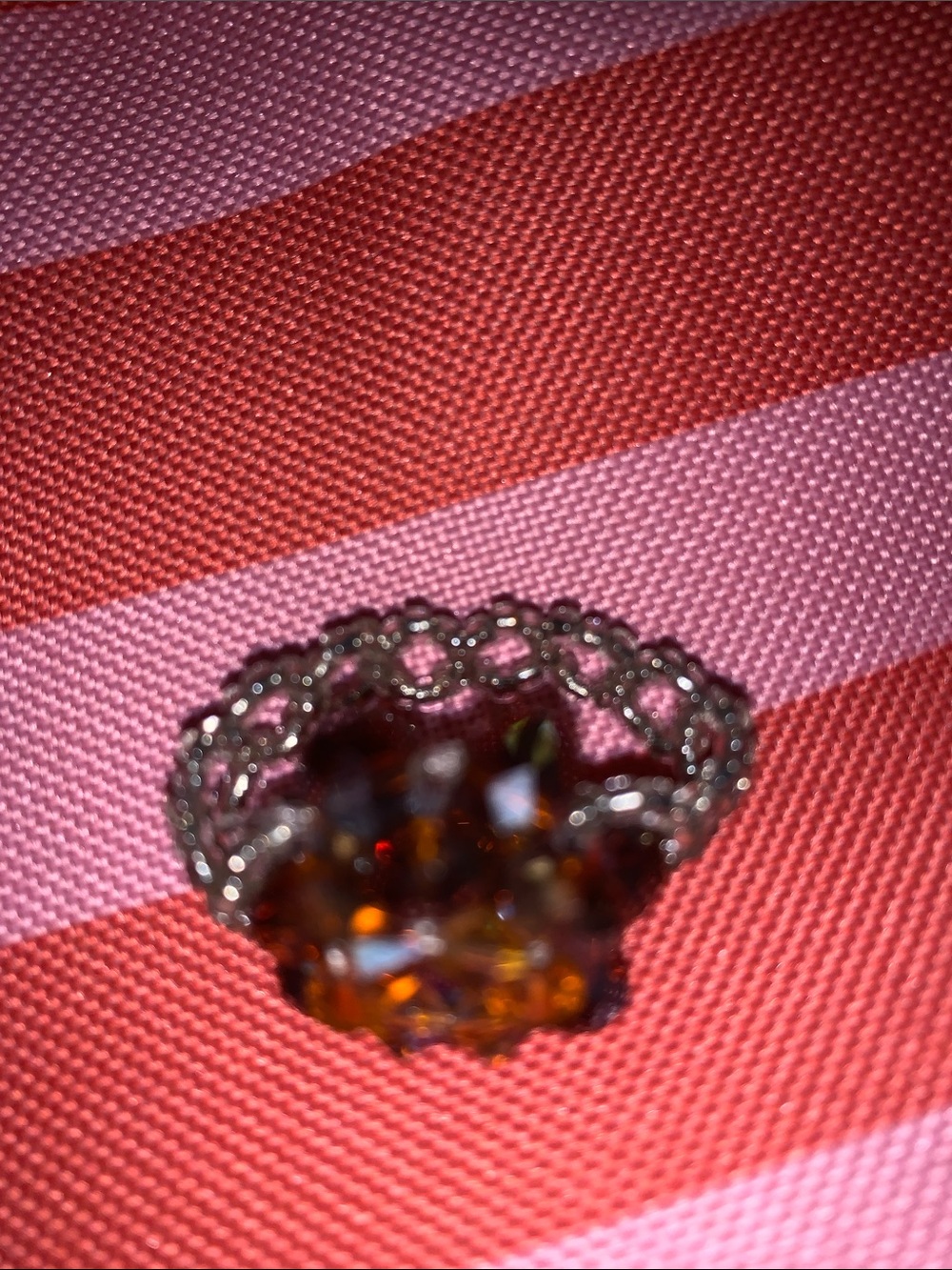 Art Deco silver tone beaded Ring with Amber tone Gemstone